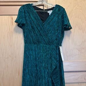 Beautiful, shimmering peacock-colored Nicole Miller wrap dress, new with tags